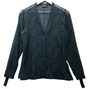 Akris Silk Snakeskin Green Sheer Vneck Long Sleeve Blouse